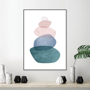 Downloadable print, Balancing Stones, Blush pink teal blue, Bedroom decor, Printable art, Scandinavian print, Pebbles artwork, Cairn picture