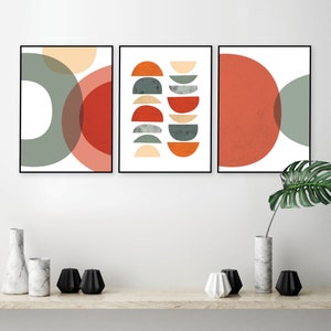 Mid Century modern printable art set of 3 burnt orange and sage green, Downloadable midcentury prints, Digital download minimalist posters