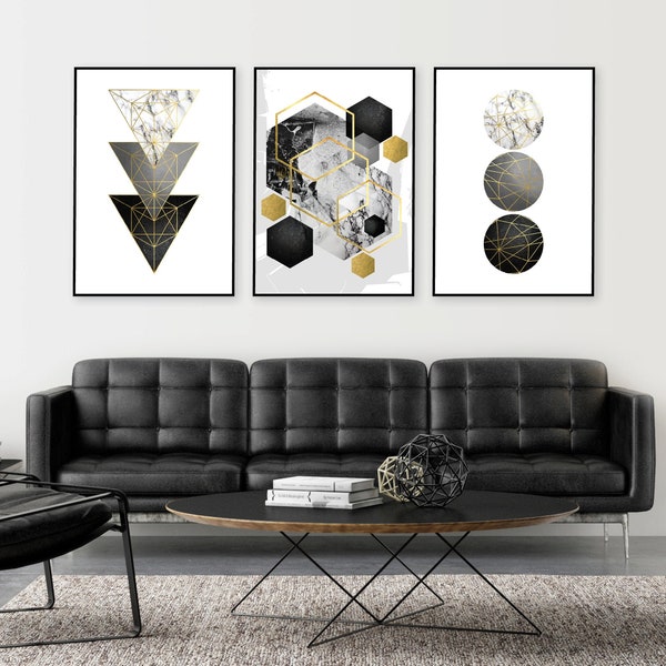 Set of 3 prints, Geometric downloadable prints, Black grey gold, Printable wall art, Black white, Geometric art set, A1 posters, elegant
