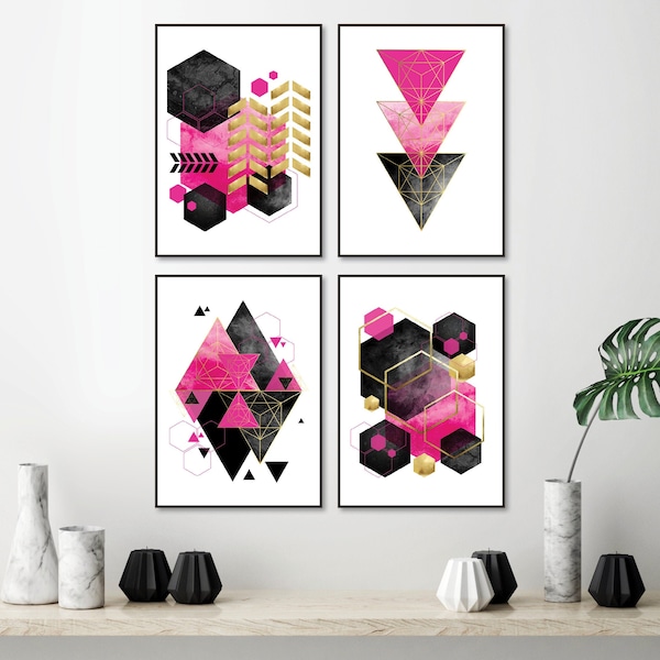 Printable art, Set of 4, Fuchsia hot pink black gold, Digital download, Matching art set, Living room art, Modern glam, Elegant, High res