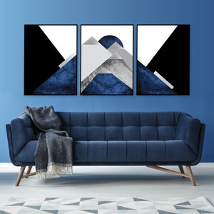 Printable wall art, Set of 3, Triptych wall art, Mountain print set 3, Digital download, Navy silver black, Printable wall decor set, Modern