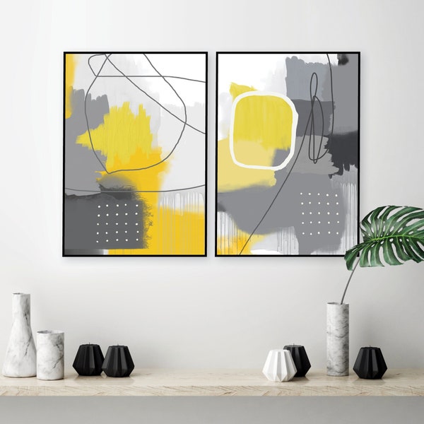 Downloadable set of 2 prints, Yellow charcoal grey white, Modern abstract art, Digital download, Yellow artwork, Statement abstract download