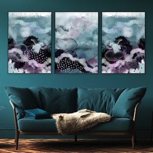 Set of 3, Teal and purple printable art, Teal abstract triptych, Teal downloadable print, Teal bedroom wall art, Teal purple wall art,