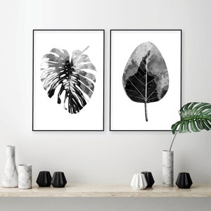 Downloadable set of 2 black white botanical leaf prints Printable art set Monstera leaf watercolor minimalist wall decor Grey bedroom print