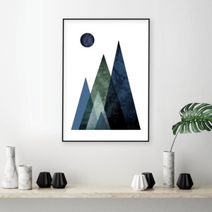 Impressão para download, Montanhas escandinavas, Verde azulado, Download digital grande, Arte para sala de estar, Download de arte, Verde caçador Azul marinho,