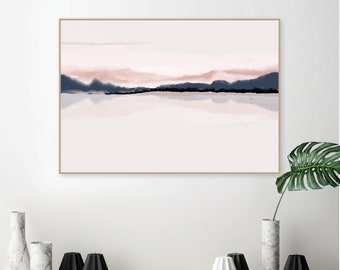 Horizon printable wall art in blush pink and navy blue Downloadable minimalist watercolor print Modern poster dusky pink bedroom wall decor