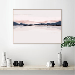 Horizon printable wall art in blush pink and navy blue Downloadable minimalist watercolor print Modern poster dusky pink bedroom wall decor