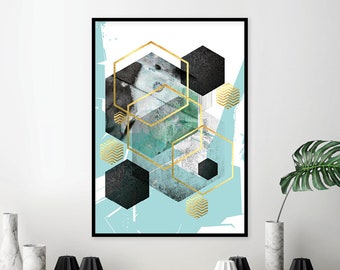 Teal & Gold Geometric Print, Scandinavian Wall Art (Digital Download)