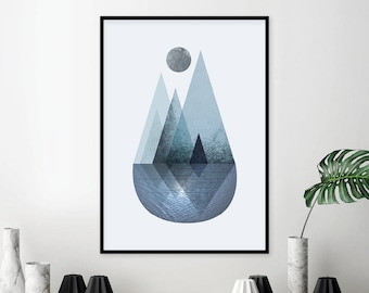 Downloadable Scandinavian Modern Mountain Reflection Print Minimalist Poster Wall Art Decor Navy Dark Blue Affiche Scandinave Trending Now