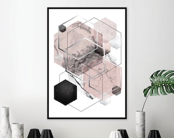 Abstract Hexagon Art Print, Blush Pink, Grey, Silver (Digital Download)