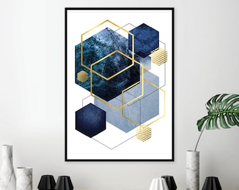 Geometrischer Kunstdruck, Scandi Marineblau & Gold (Digitaler Download)