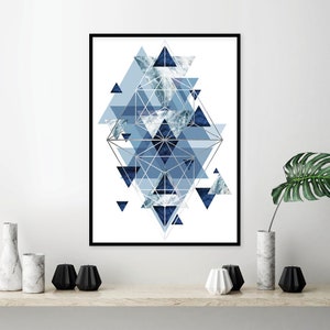 Scandinavian modern downloadable geometric print navy and silver Printable geometric wall art Navy wall decor Scandi contemporary dark blue