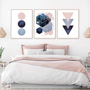 Printable Navy Rose Gold Wall Art, Set of 3 Prints Bedroom, Blush Pink ...