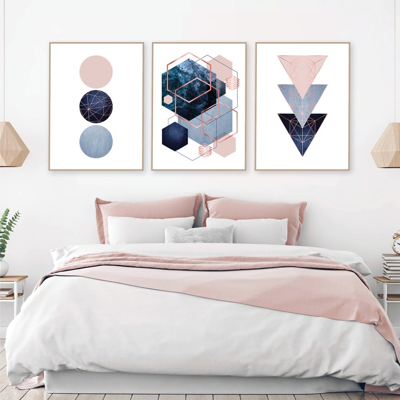 Printable Navy Rose Gold Wall Art Set of 3 Prints Bedroom Etsy