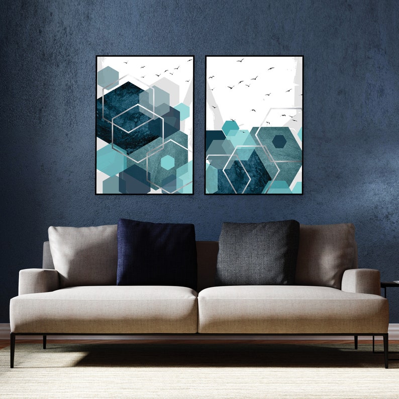 Set of 2 printable abstract art prints in teal aqua turquoise silver Downloadable geometric Hexagonal wall art Poster downloads High res A1
