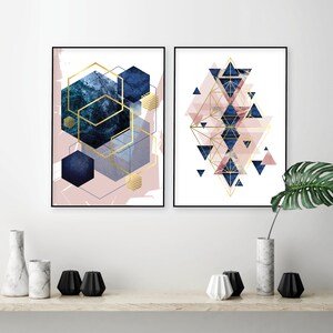 Set of 2 printable blush pink navy gold geometric prints Digital download dusky pastel pink blue bedroom wall art decor Trending now