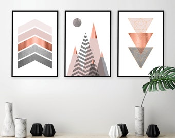 Conjunto descargable de 3 impresiones Arte imprimible Montañas en cobre gris rosa rubor Cartel de pared moderno escandinavo Decoración del dormitorio Tendencias ahora