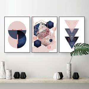 Printable art set of 3, Geometric wall art trio, Blush pink navy blue rose gold, Posters digital download, Living room art, Trending art now