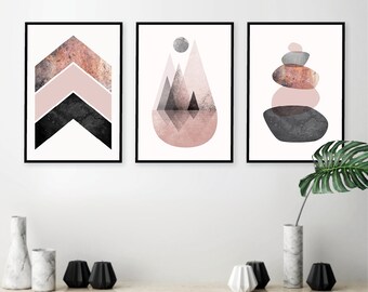 Instant download set of 3 Scandinavian prints, Blush pink grey black rose gold, Printable Scandi modern wall decor, Chevrons Mountain Stones