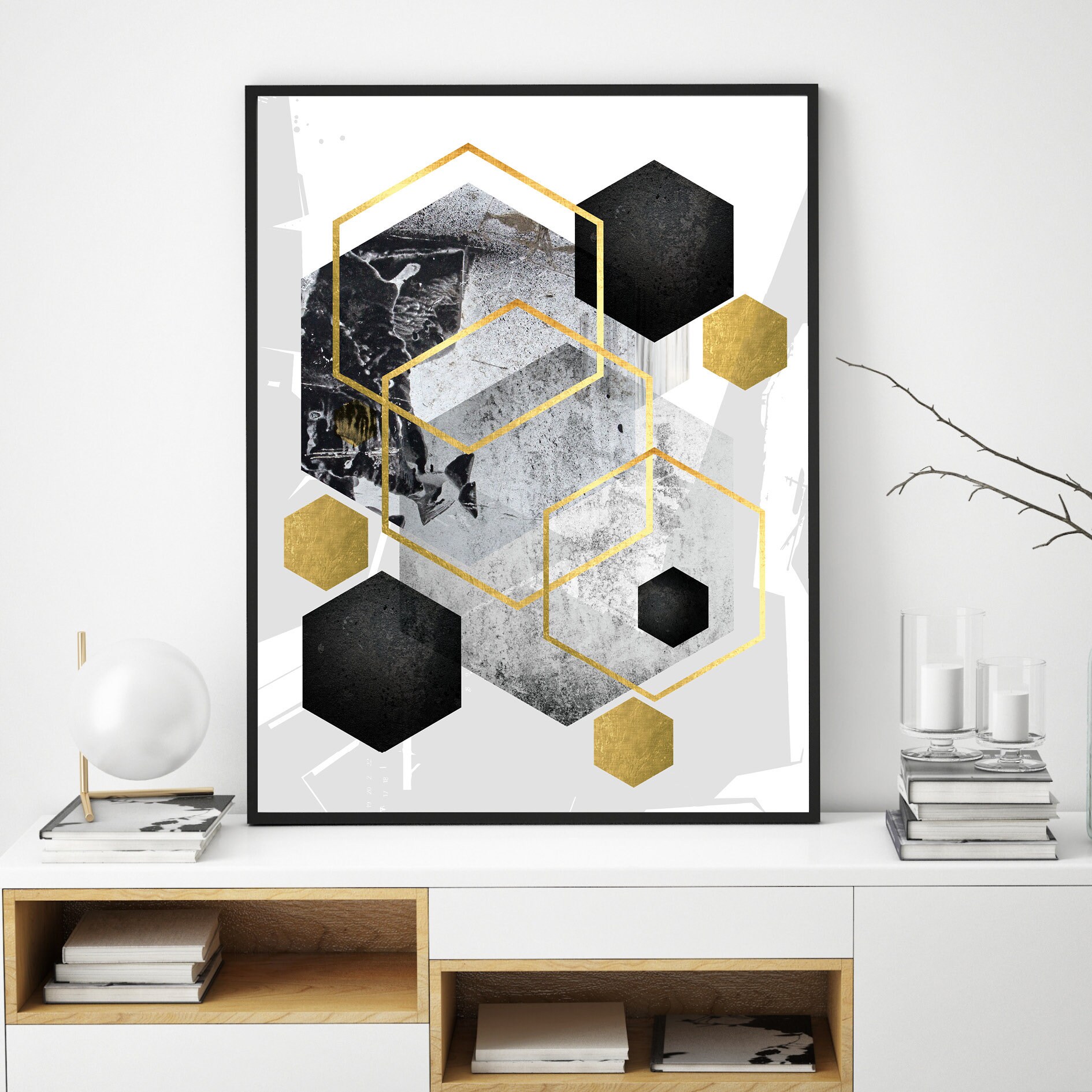 Black White Grey Gold Print Modern Downloadable Geometric Etsy Decor Art Hexagon Large Geometric Contemporary Wall Printable Wall A1 Art Poster 