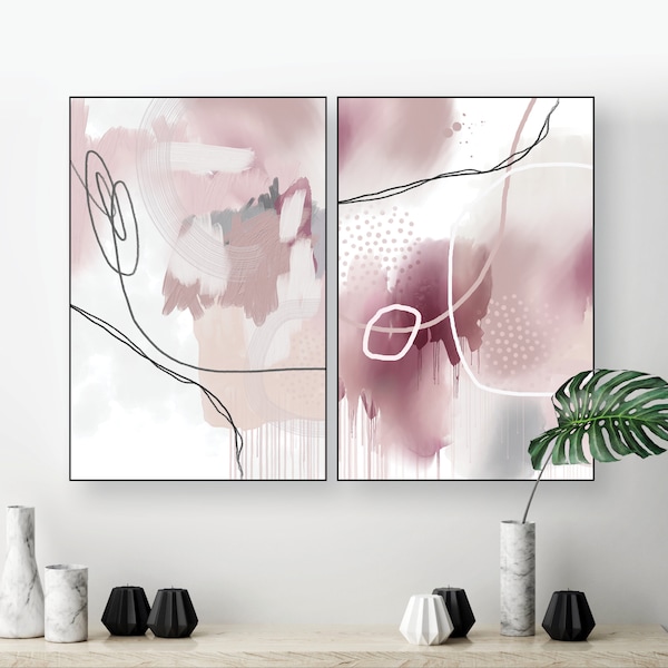 Downloadable prints blush pink grey abstract art, Set of 2 matching printable art, Modern abstract artwork, Digital download pink grey