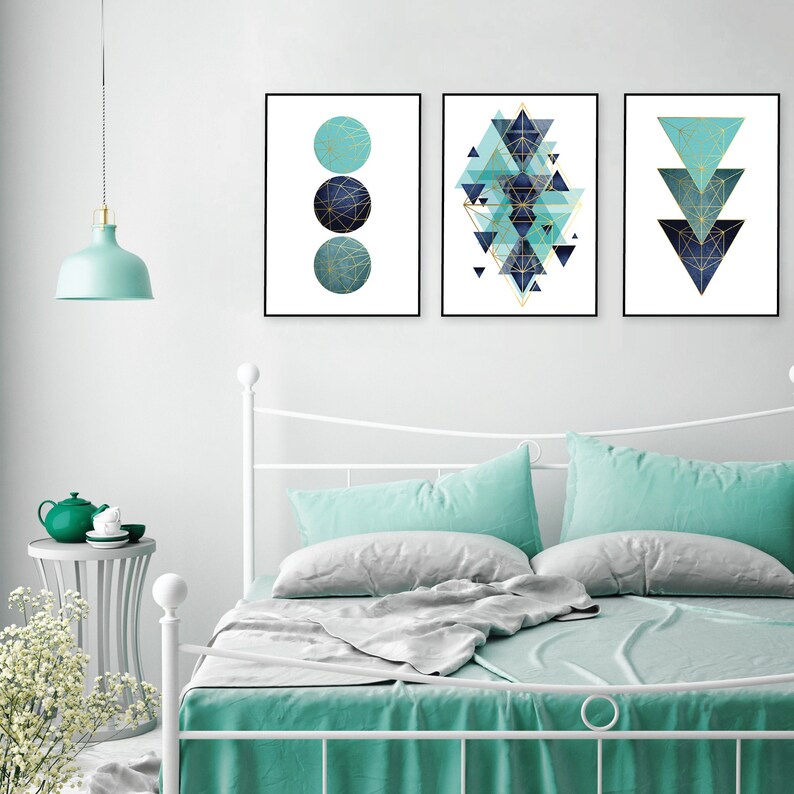 Mint Green Navy Blue Teal Gold Set of 3 Geometric Printable Etsy