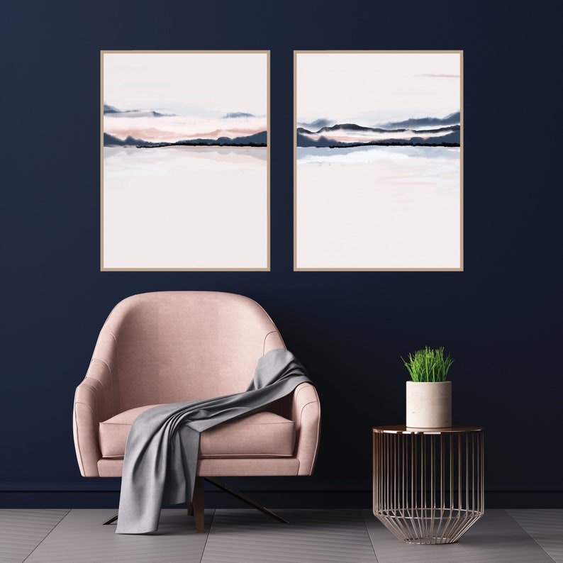 Horizon Blush Navy Wall Art Set of 2 Prints Navy Blush Etsy