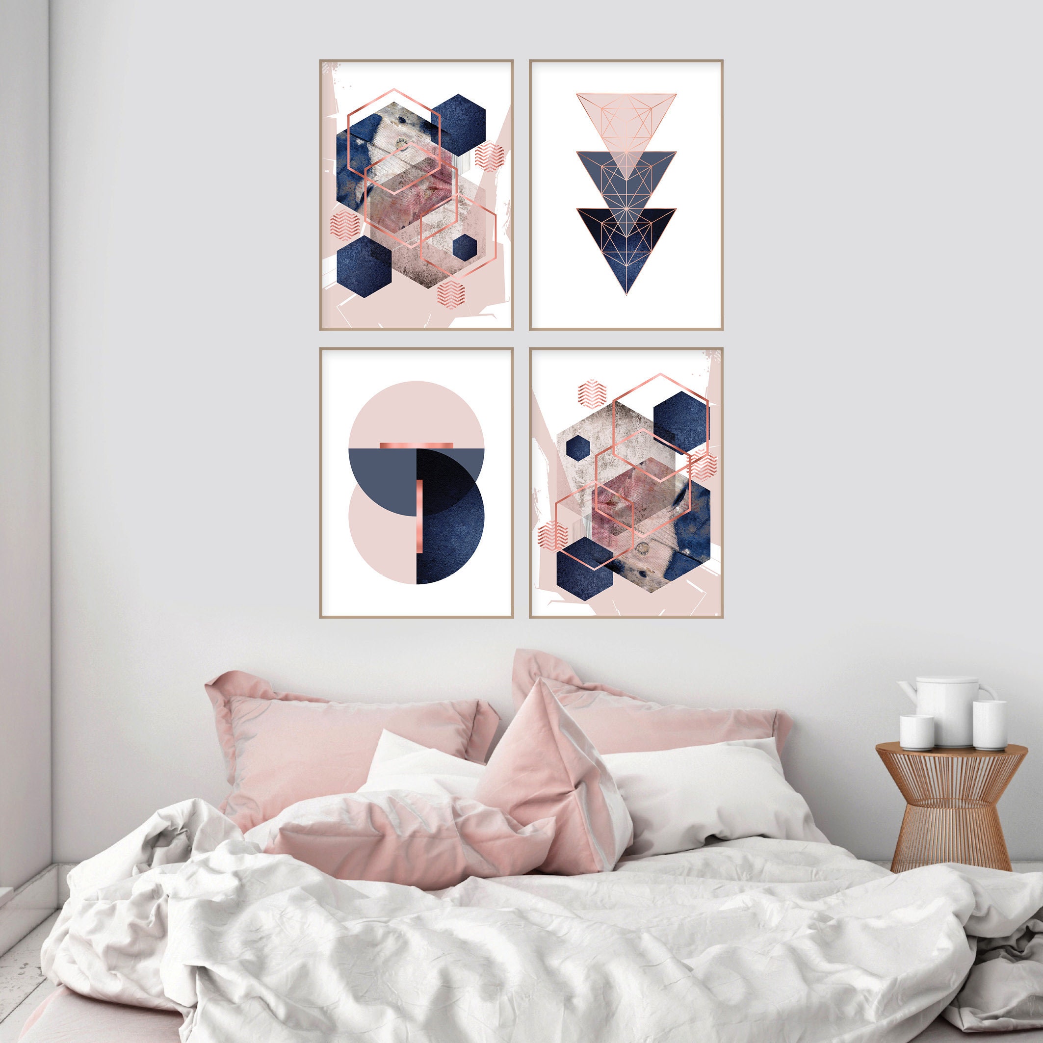 Set of 4 Printable Blush Pink Navy Blue Rose Gold Geometric Art