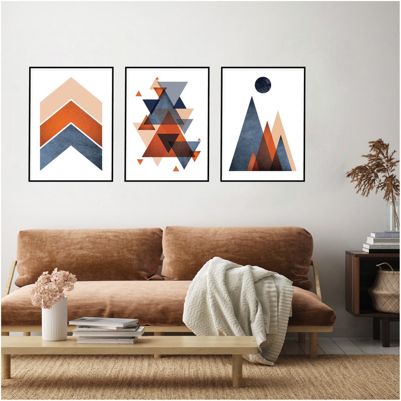 Set of 3 navy blue and burnt orange printable wall art Etsy