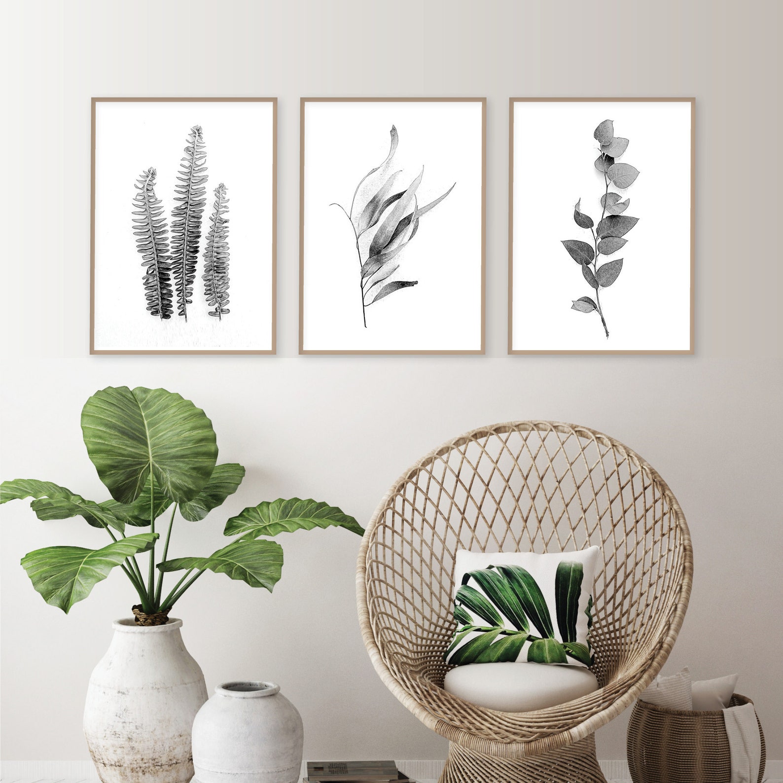 Downloadable Set of 3 Botanical Prints Black White Monochrome Printable ...