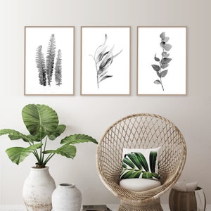 Downloadable set of 3 botanical prints black white monochrome Printable art Australian gum leaves fern fronds Print set Wall art Wall Decor image 6