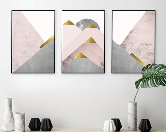 Ensemble de 3 impressions triptyque montagne de style scandinave en rose poudré, gris et or Ensemble d'affiches minimalistes de montagne scandinaves Art mural rose pour chambre à coucher