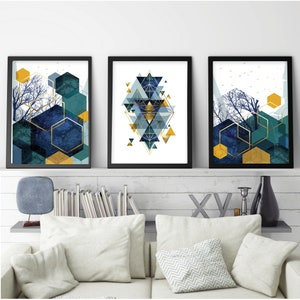 Downloadable prints, Navy blue teal green ochre yellow, Set of 3 matching trio, Printable art set, Abstract printable, Geometric download