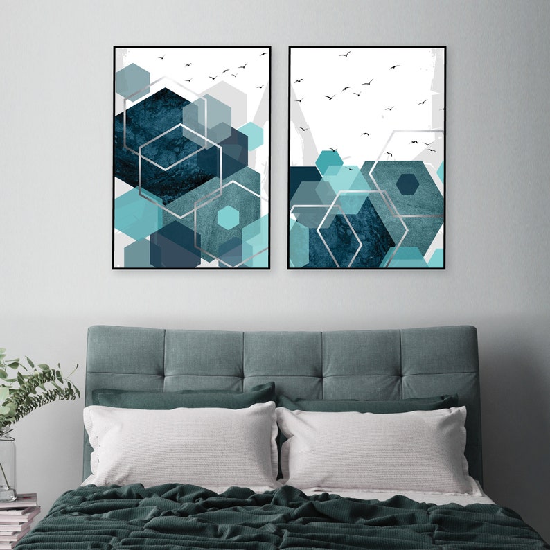 Set of 2 printable abstract art prints in teal aqua turquoise silver Downloadable geometric Hexagonal wall art Poster downloads High res A1