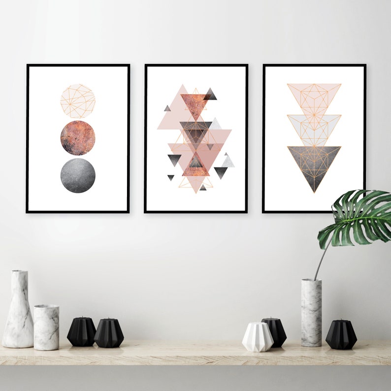 Downloadable printable art set of 3 Scandinavian modern geometric prints in blush pink grey rose gold Scandi wall art instant downloads image 1