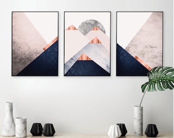 Downloadable prints Printable art Set of 3 Mountains Blush Pink Navy Copper Scandinavian Modern Contemporary Poster Wall decor Triptych