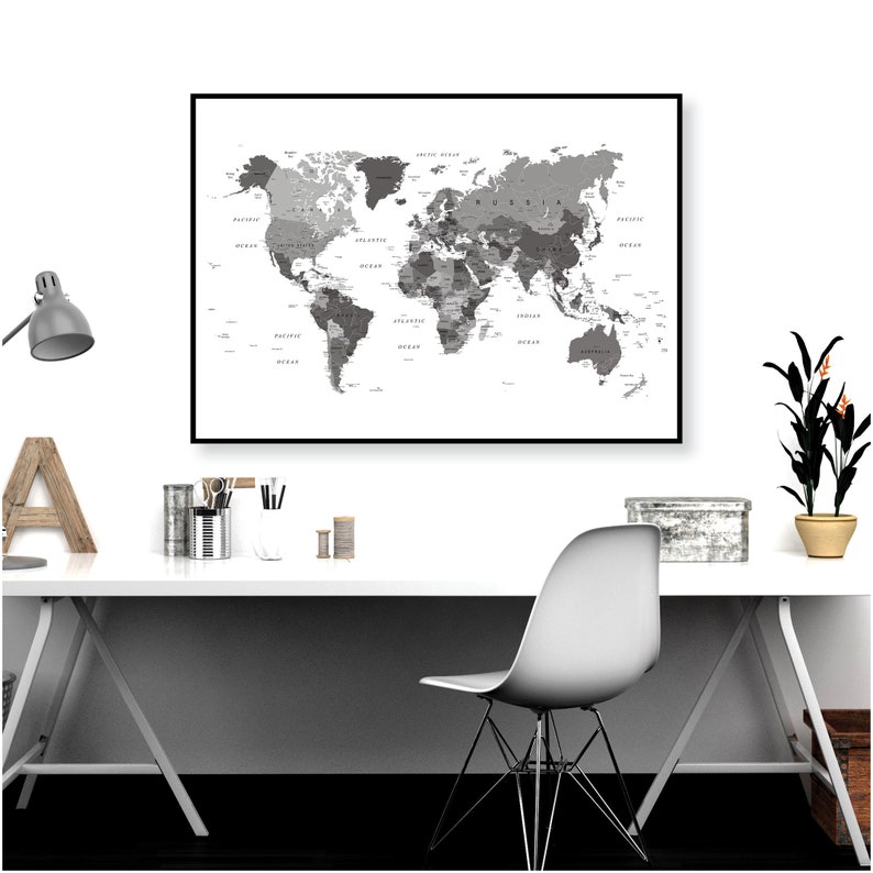 World Map Printable Black White Grey World Map Wall Art Etsy Canada