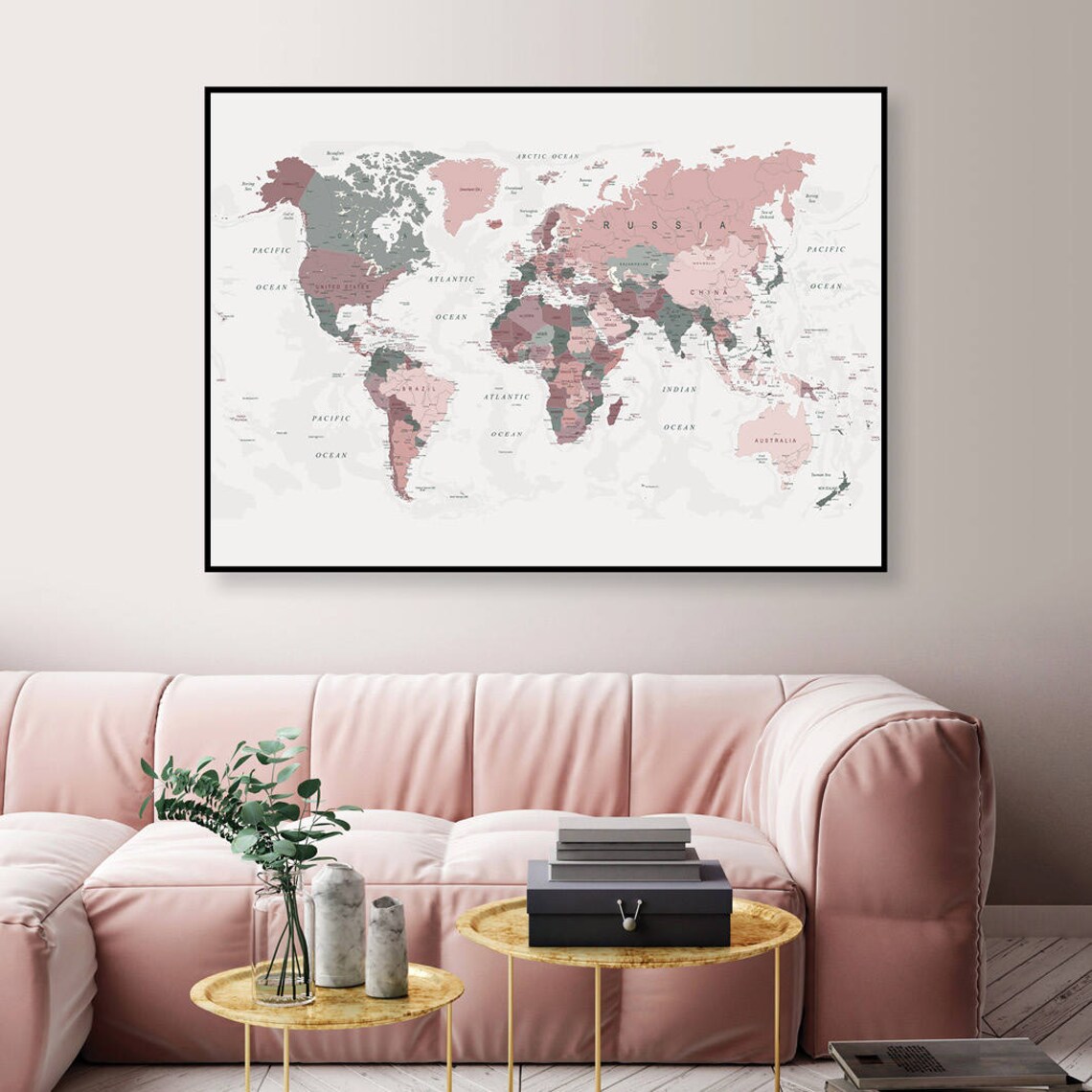 Arte mapa del mundo imprimible en rosa rubor y cazador verde | Etsy