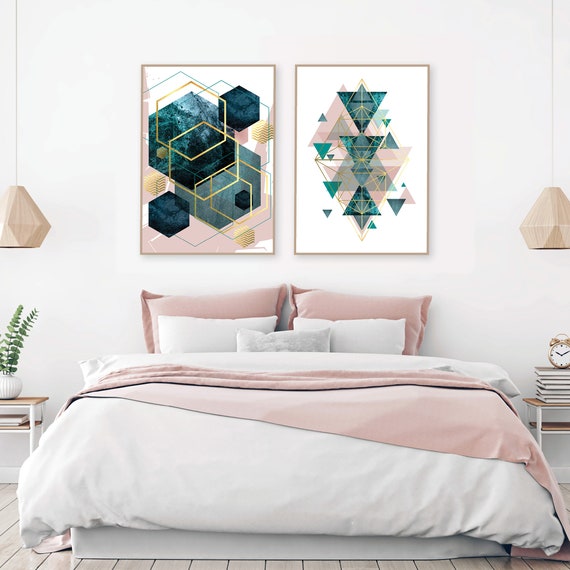 Set Of 2 Printable Blush Pink Teal Gold Geometric Prints Digital Download Dusky Pastel Pink Green Bedroom Wall Art Decor Trending Now