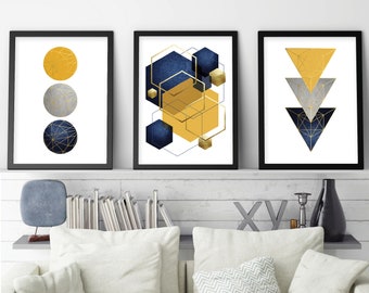 Set of 3, Downloadable prints, Geometric abstract, Printable wall art set, Navy blue grey mustard yellow gold, Digital art trending now