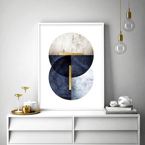 Printable geometric wall art, Navy blue beige gold, Wall art digital download, Downloadable prints large, Modern blue geometrical poster