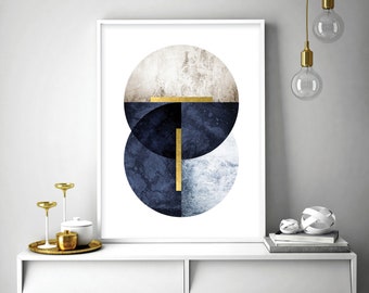 Printable geometric wall art, Navy blue beige gold, Wall art digital download, Downloadable prints large, Modern blue geometrical poster