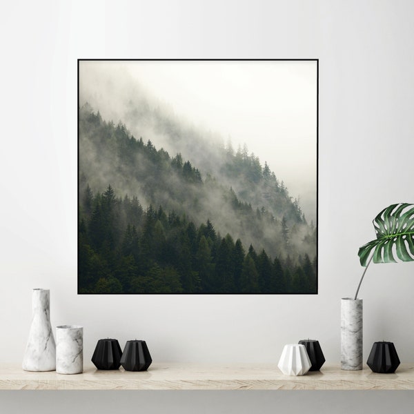 Digital download square Nordic misty forest print Downloadable Scandinavian forest mist photography Printable pine tree mountainside foggy