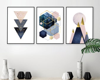 Set of 3 printable blush pink navy blue gold posters, Living room art, Large digital download, Geometric  printable art, Downloadable modern