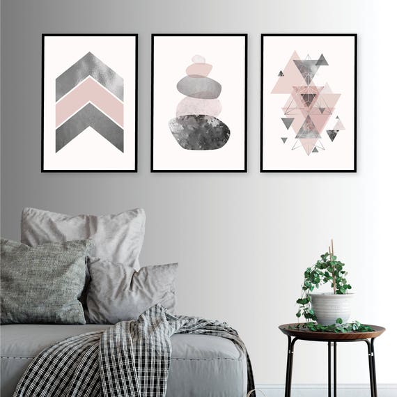 Set Of 3 Downloadable Prints Pink Grey Silver Printable Geometric Art Poster Wall Bedroom Decor Balancing Stones Scandinavian Trending Now