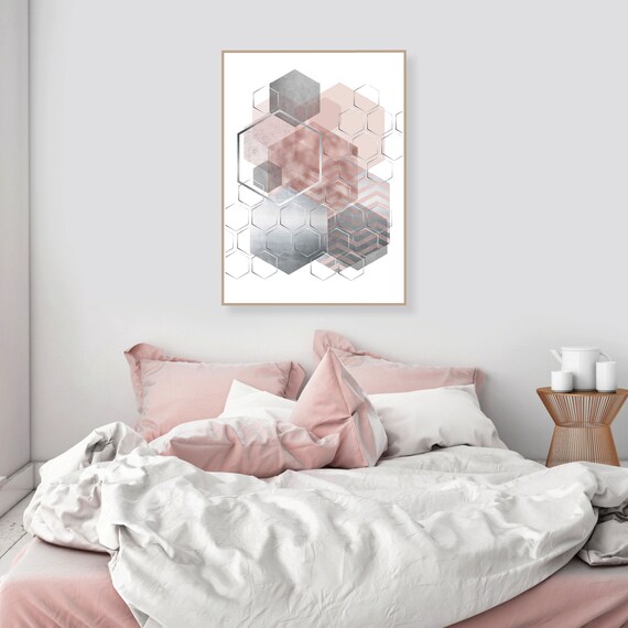 Trending Art Print In Blush Pink Grey Silver Geometric Abstract Printable Wall Art Grey Pink Bedroom Wall Decor Hexagon Art Design Download