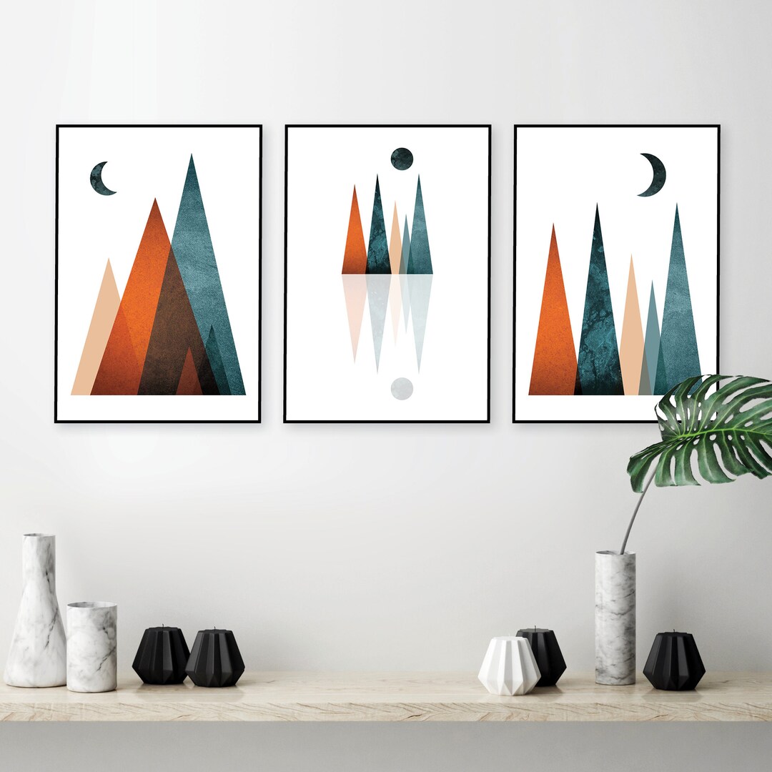 Set of 3 Digital Download Wall Art Orange Teal, Mountains Wall Art