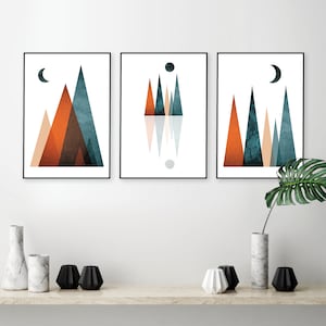 Set of 3 digital download wall art orange teal, mountains wall art, teal and orange wall art, poster set of 3, downloadable print set, 24x36