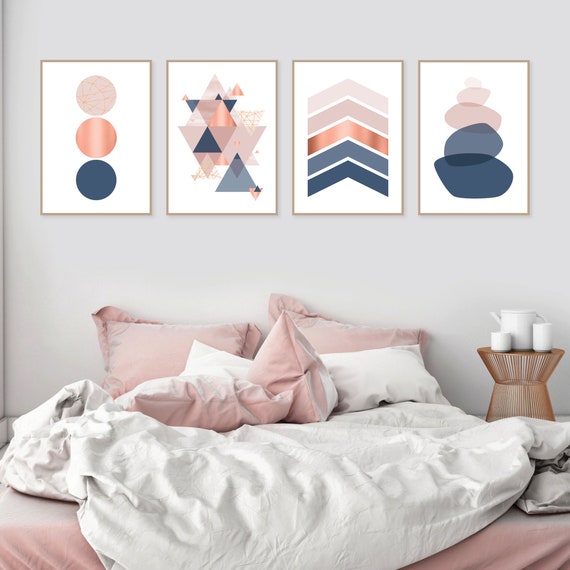 Set Of 4 Downloadable Geometric Prints In Blush Pink Navy Dark Blue Copper Printable Art Set Poster Scandinavian Wall Art Pink Bedroom Decor