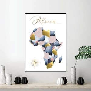 Digital download of Africa map, Printable wall map Africa, Large downloadable map, Navy blue blush pink gold wall art, Modern wall map art